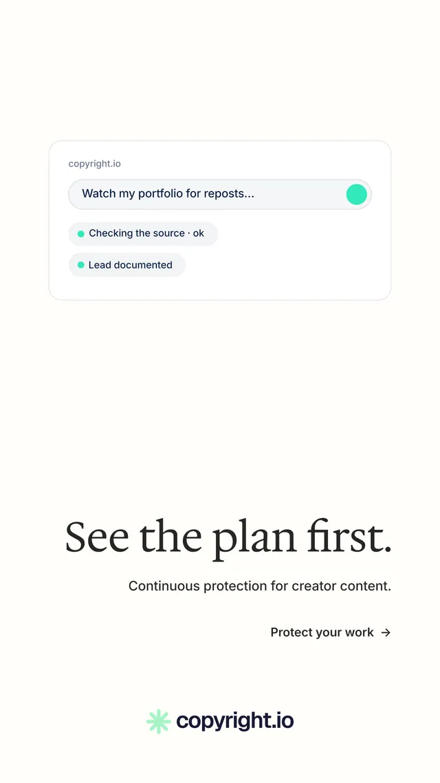 Instagram story for copyright.io: "See the plan first." Minimal luxury style, right layout, light palette in white.