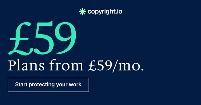 Social ad for copyright.io: "Protect your work." Editorial style, stat layout, dark palette in blue.