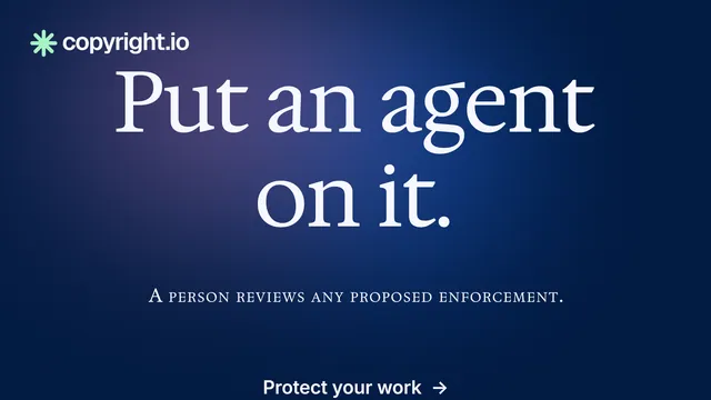 Landscape graphic for copyright.io: "Put an agent on it." Agentic glass style, smallcaps layout, dark palette in blue.