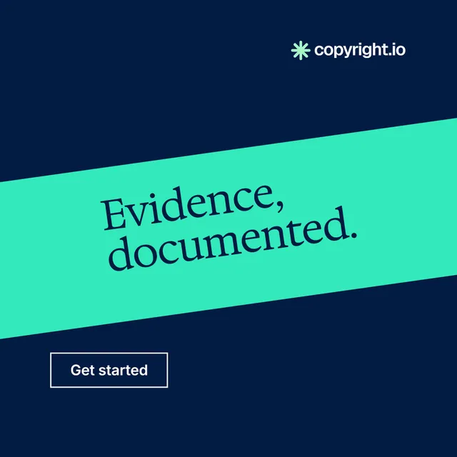 Instagram post for copyright.io: "Evidence, documented." Editorial style, diagonal layout, dark palette in blue, teal.