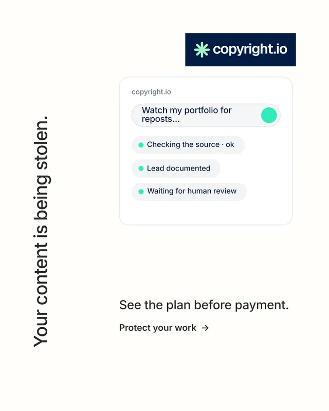 Instagram portrait post for copyright.io: "Your content is being stolen." Minimal luxury style, vertical layout, light palette in white.
