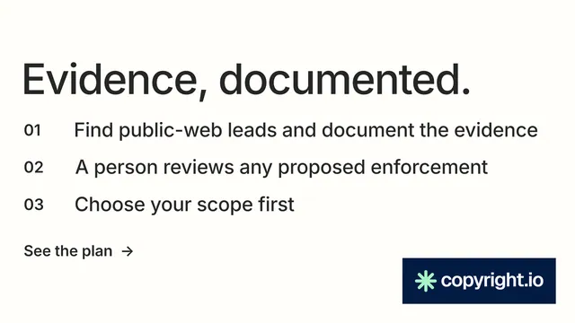 Landscape graphic for copyright.io: "Evidence, documented." Minimal luxury style, numbered layout, light palette in white, grey.