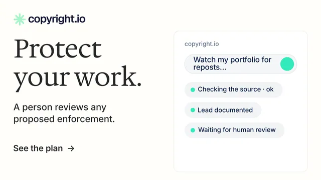 Landscape graphic for copyright.io: "Protect your work." Minimal luxury style, bottom layout, light palette in white.