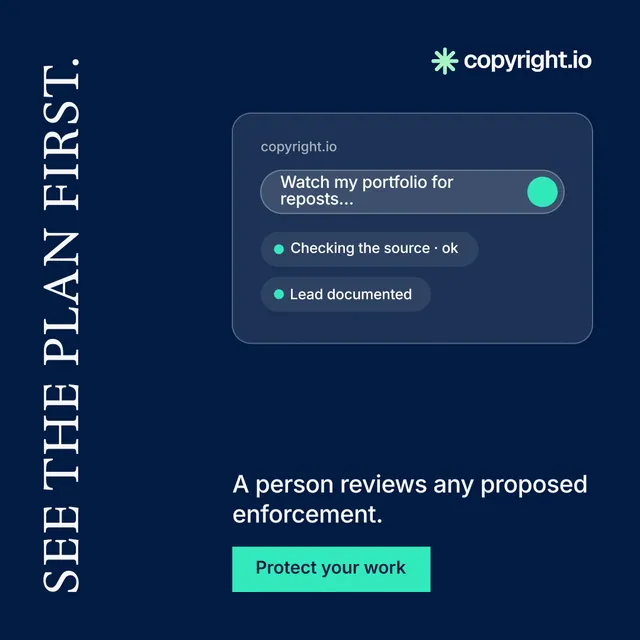 Instagram post for copyright.io: "See the plan first." Split block style, vertical layout, dark palette in blue.