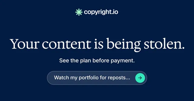 Social ad for copyright.io: "Your content is being stolen." Agentic glass style, skeleton layout, dark palette in blue.
