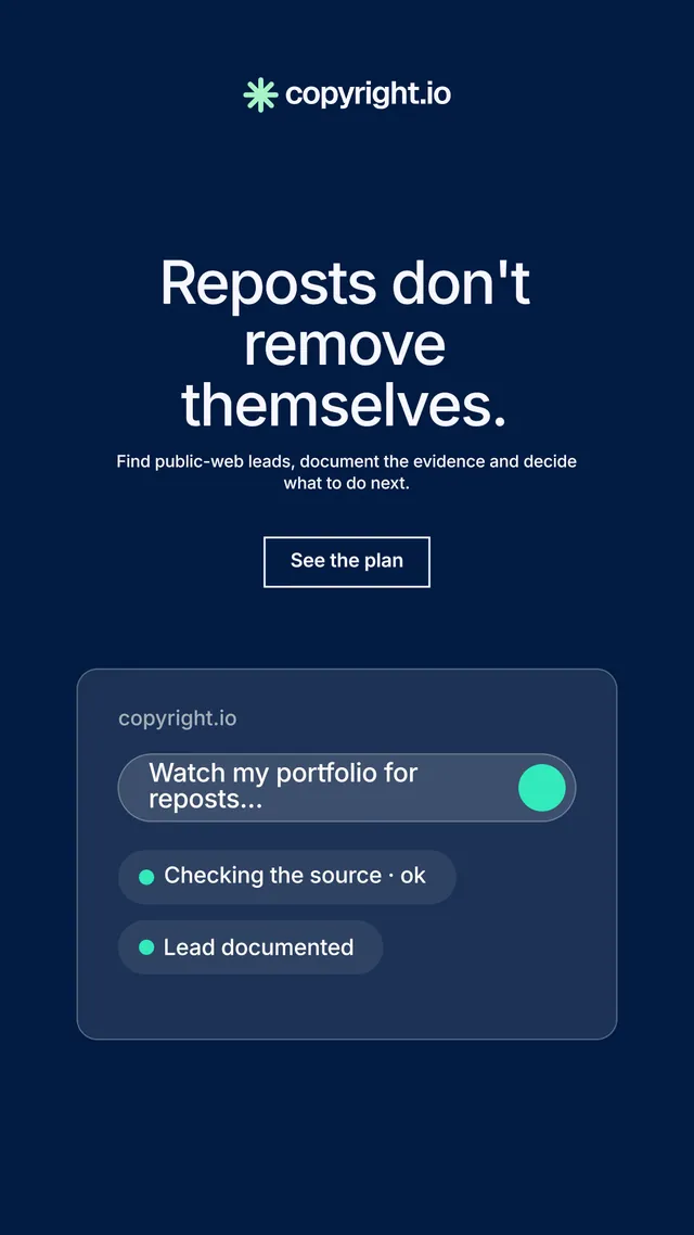 Instagram story for copyright.io: "Reposts don't remove themselves." Editorial style, centred layout, dark palette in blue.
