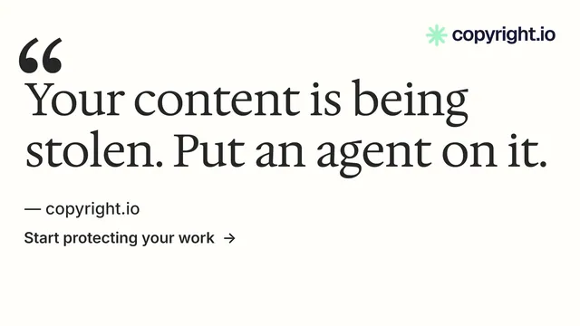 Landscape graphic for copyright.io: "Find your reposted work." Minimal luxury style, quote layout, light palette in white, grey.