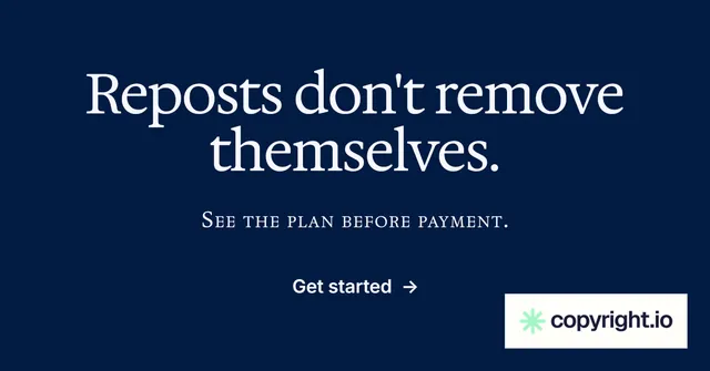 Social ad for copyright.io: "Reposts don't remove themselves." Split block style, smallcaps layout, dark palette in blue, grey.