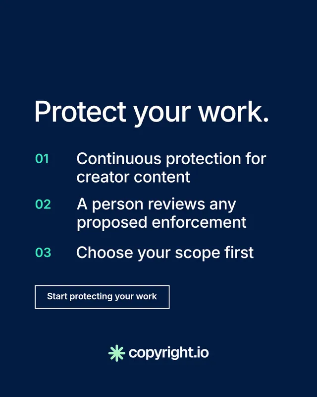 Instagram portrait post for copyright.io: "Protect your work." Editorial style, numbered layout, dark palette in blue.