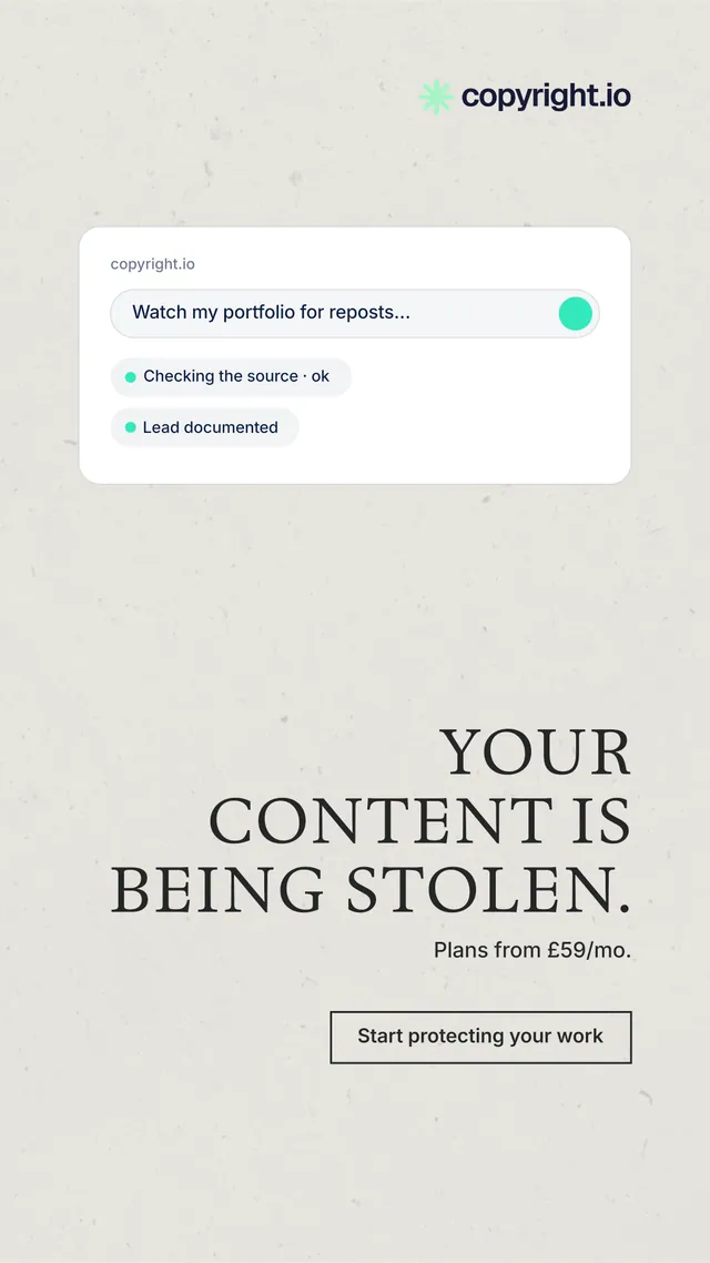 Instagram story for copyright.io: "Your content is being stolen." Editorial style, right layout, light palette in white, grey.