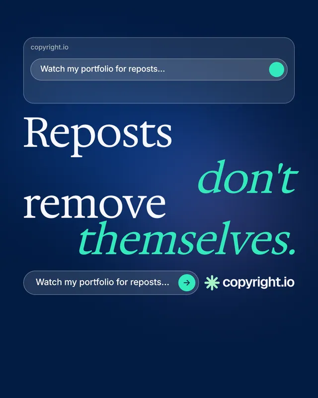Instagram portrait post for copyright.io: "Reposts don't remove themselves." Agentic glass style, stacked layout, dark palette in blue.