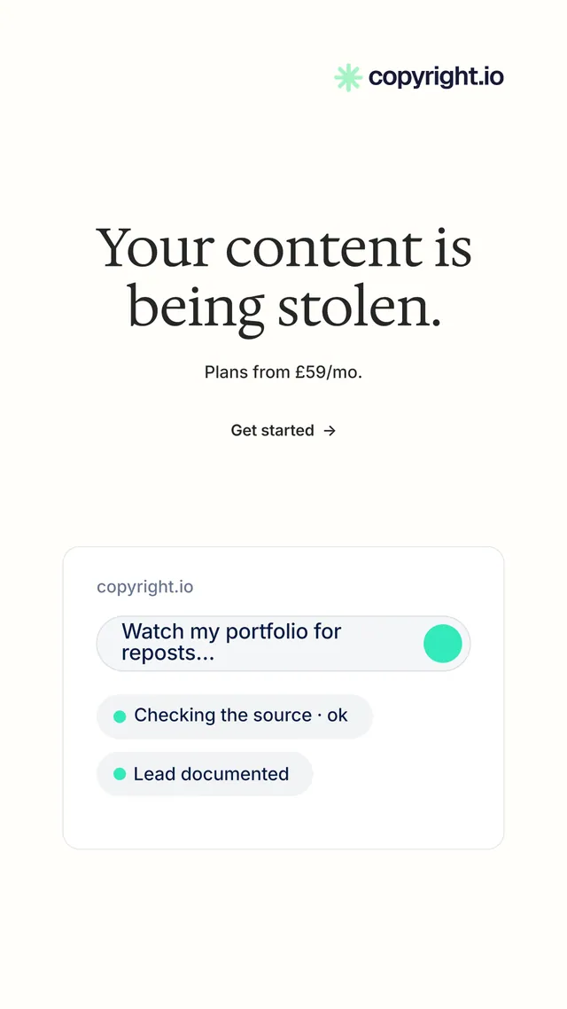 Instagram story for copyright.io: "Your content is being stolen." Minimal luxury style, centred layout, light palette in white.