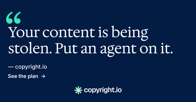 Social ad for copyright.io: "Reposts don't remove themselves." Minimal luxury style, quote layout, dark palette in blue.