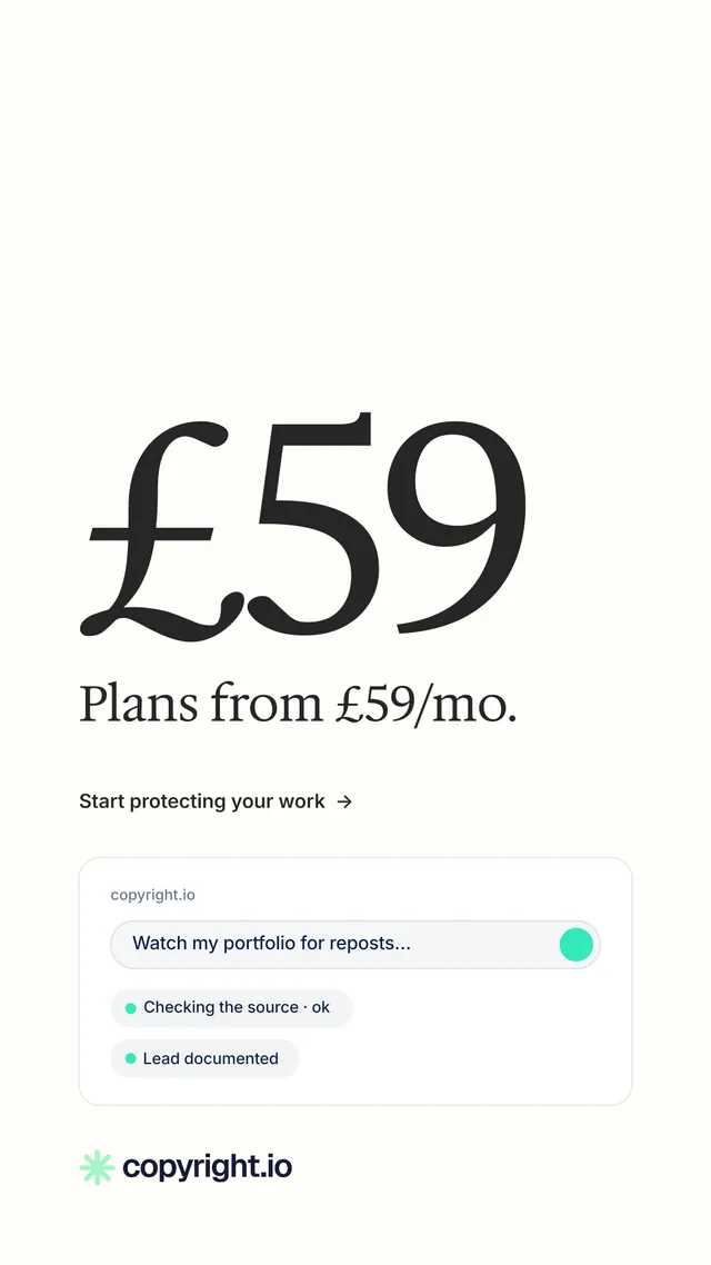Instagram story for copyright.io: "Your content is being stolen." Minimal luxury style, stat layout, light palette in white.