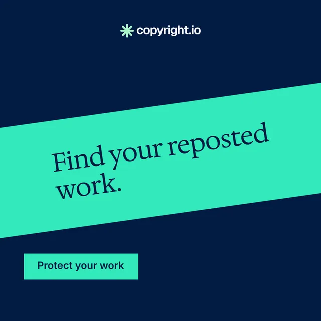 Instagram post for copyright.io: "Find your reposted work." Split block style, diagonal layout, dark palette in blue, teal.
