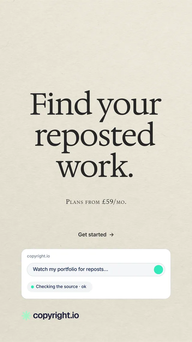 Instagram story for copyright.io: "Find your reposted work." Editorial style, smallcaps layout, light palette in yellow, white, grey.