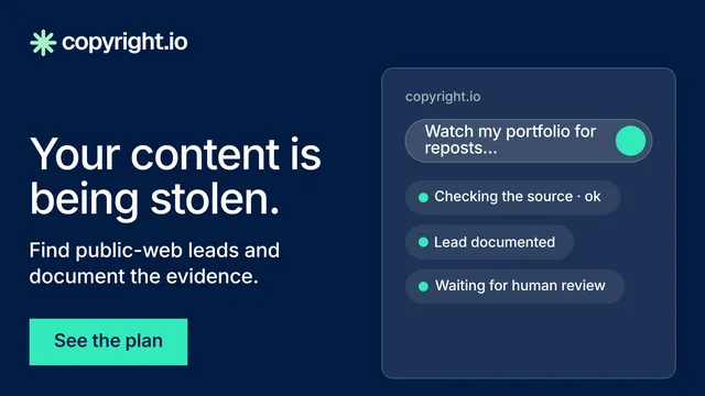Landscape graphic for copyright.io: "Your content is being stolen." Swiss style, bottom layout, dark palette in blue.