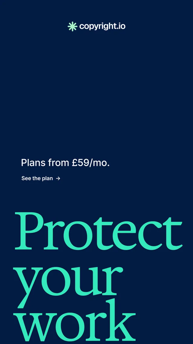 Instagram story for copyright.io: "Protect your work." Minimal luxury style, oversized layout, dark palette in blue, teal.