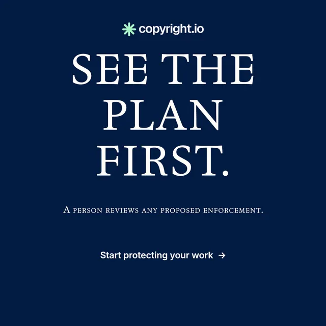 Instagram post for copyright.io: "See the plan first." Y2K style, smallcaps layout, dark palette in blue.
