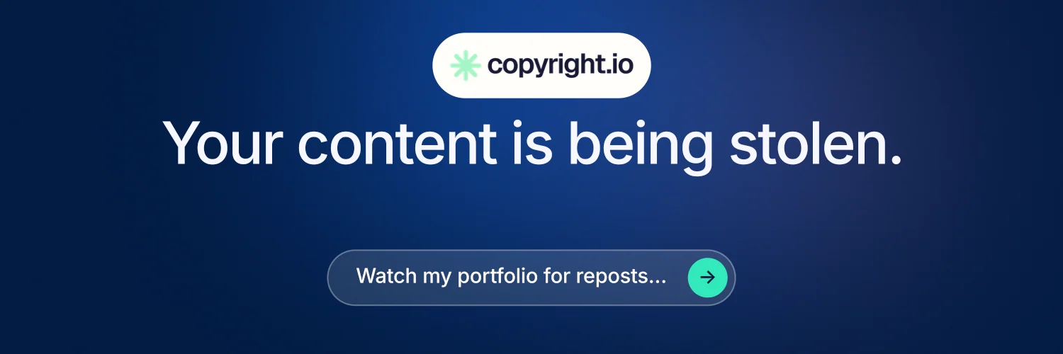 X header for copyright.io: "Your content is being stolen." Agentic glass style, centred layout, dark palette in blue.