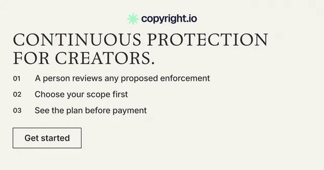 Social ad for copyright.io: "Continuous protection for creators." Editorial style, numbered layout, light palette in white, grey.
