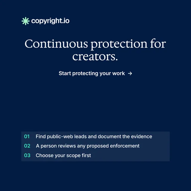 Instagram post for copyright.io: "Continuous protection for creators." Minimal luxury style, skeleton layout, dark palette in blue.