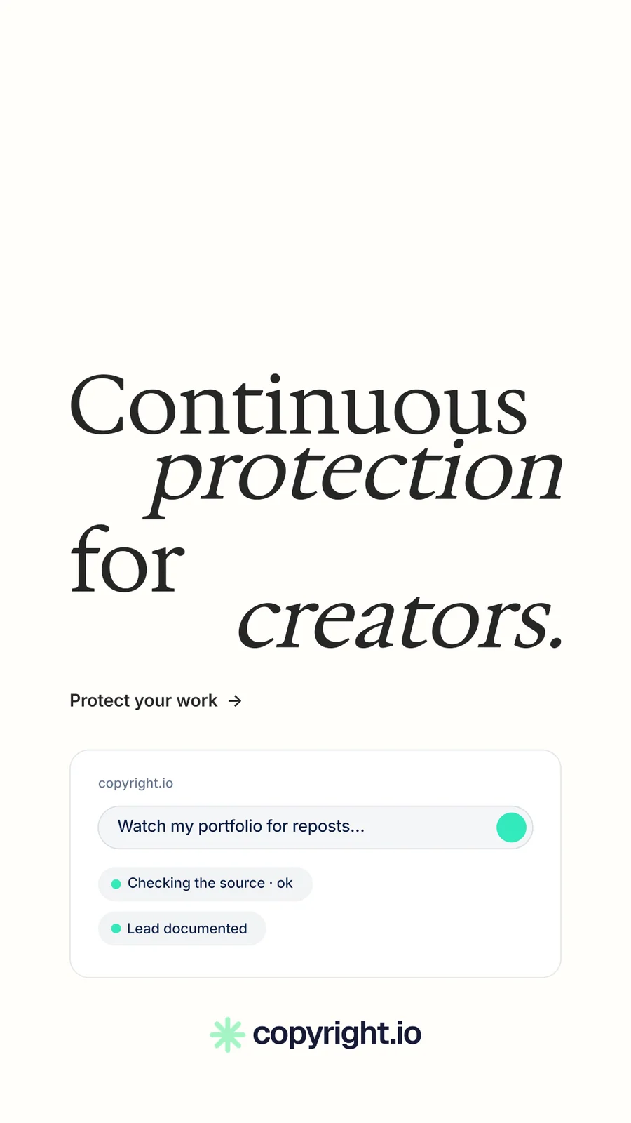 Instagram story for copyright.io: "Continuous protection for creators." Minimal luxury style, stacked layout, light palette in white.