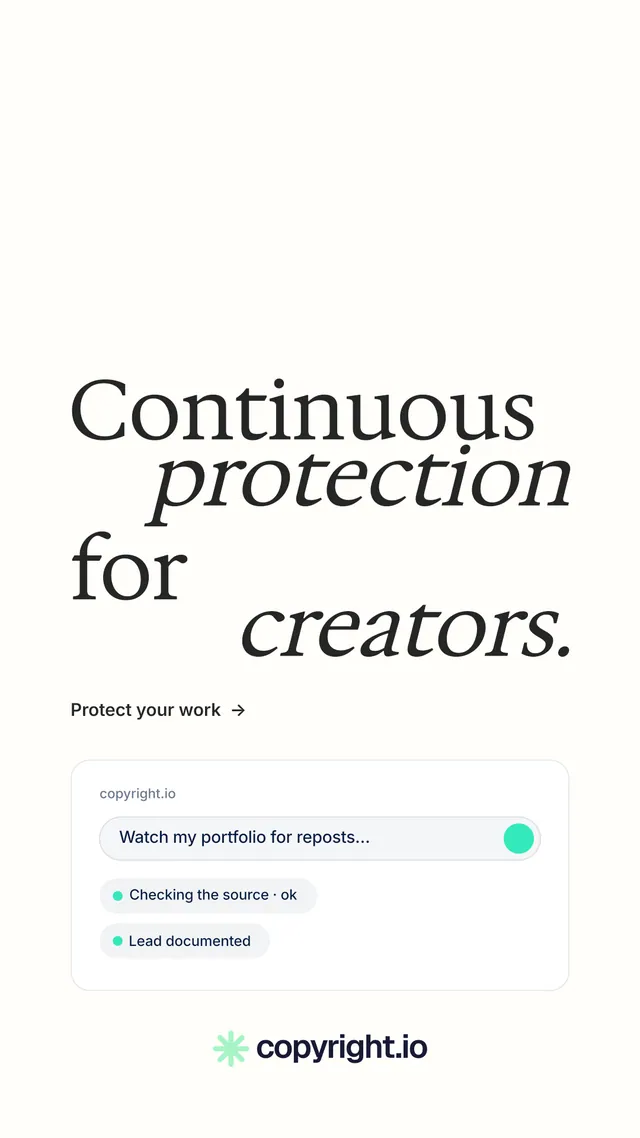 Instagram story for copyright.io: "Continuous protection for creators." Minimal luxury style, stacked layout, light palette in white.