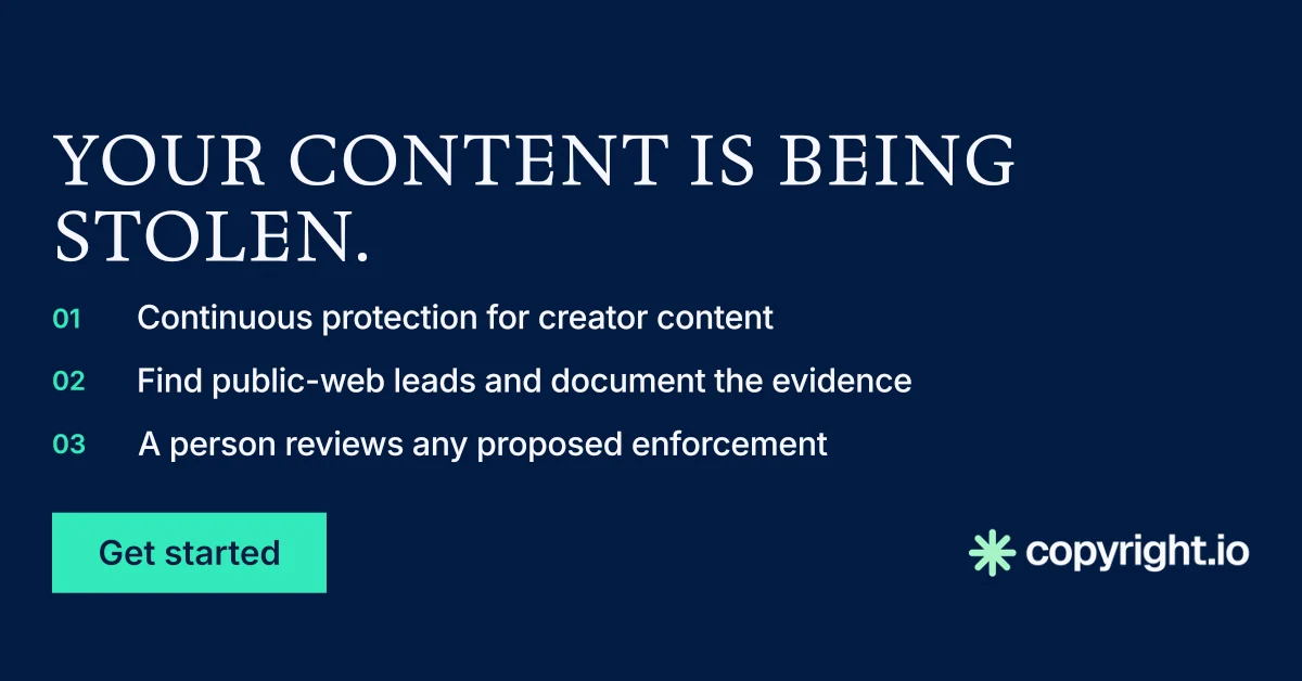 Social ad for copyright.io: "Your content is being stolen." Split block style, numbered layout, dark palette in blue.