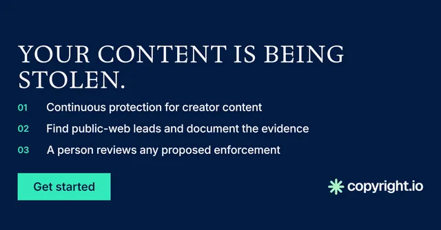 Social ad for copyright.io: "Your content is being stolen." Split block style, numbered layout, dark palette in blue.