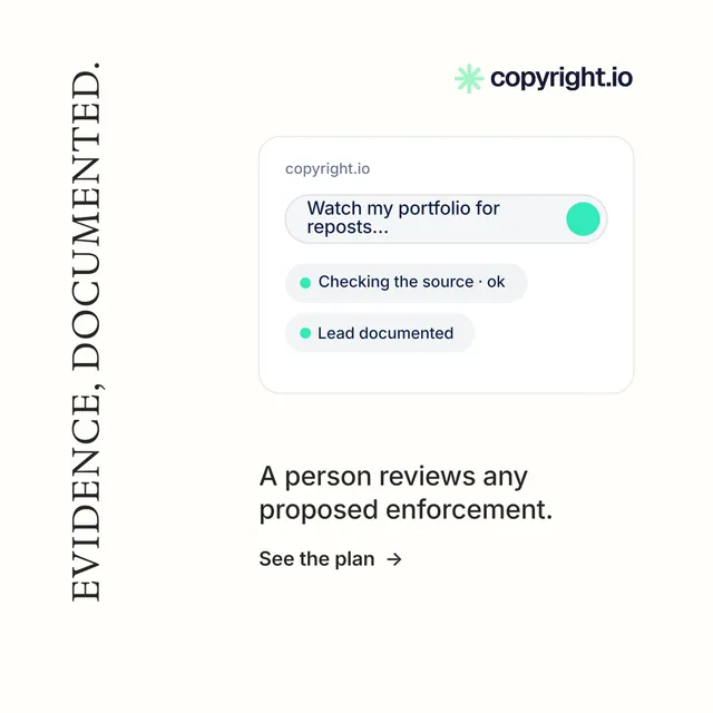 Instagram post for copyright.io: "Evidence, documented." Minimal luxury style, vertical layout, light palette in white.