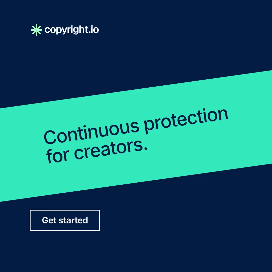 Instagram post for copyright.io: "Continuous protection for creators." Editorial style, diagonal layout, dark palette in blue, teal.