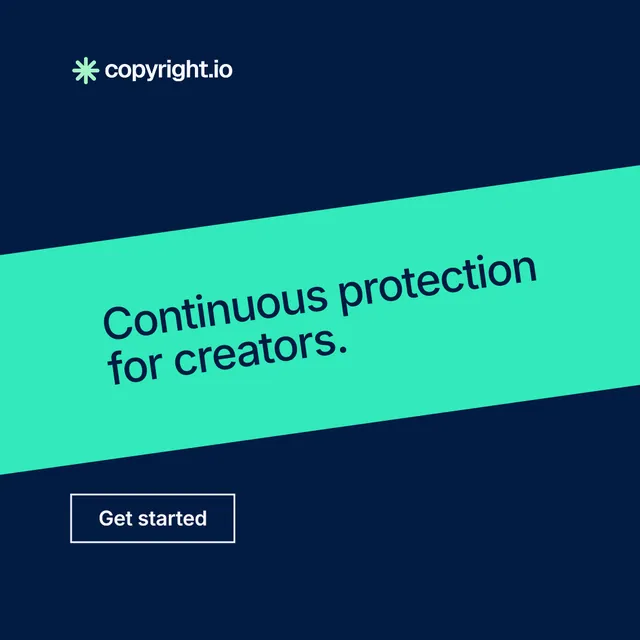 Instagram post for copyright.io: "Continuous protection for creators." Editorial style, diagonal layout, dark palette in blue, teal.