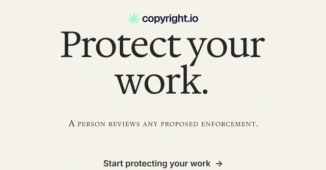 Social ad for copyright.io: "Protect your work." Editorial style, smallcaps layout, light palette in white, grey.