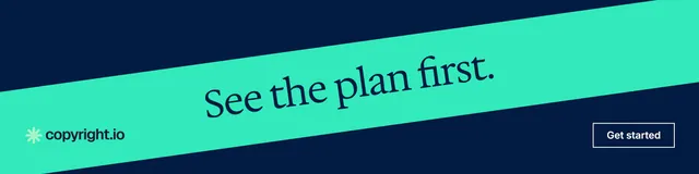LinkedIn banner for copyright.io: "See the plan first." Editorial style, diagonal layout, dark palette in blue, teal.