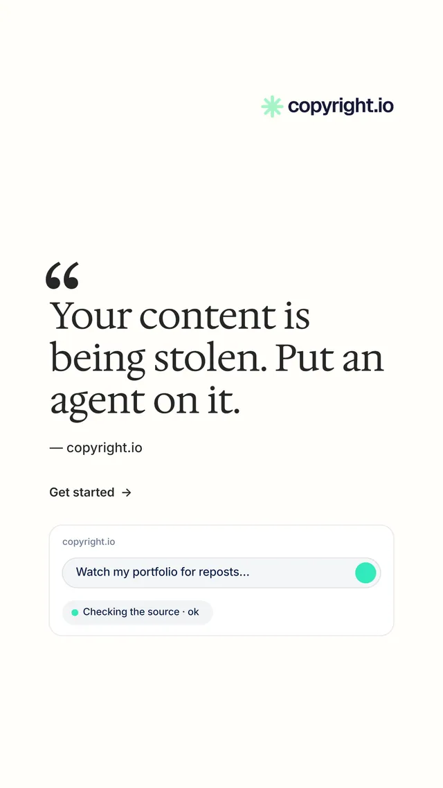 Instagram story for copyright.io: "Protect your work." Minimal luxury style, quote layout, light palette in white.