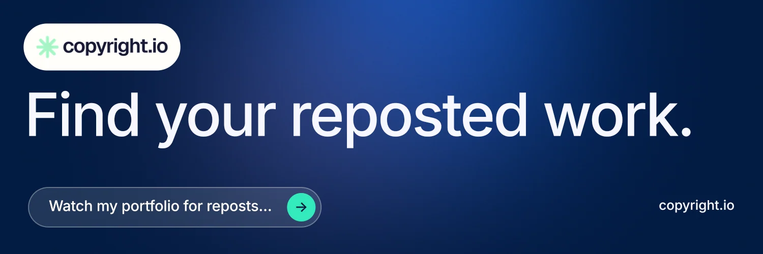 X header for copyright.io: "Find your reposted work." Agentic glass style, poster layout, dark palette in blue.