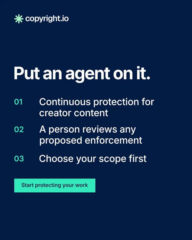 Instagram portrait post for copyright.io: "Put an agent on it." Swiss style, numbered layout, dark palette in blue.