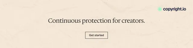 LinkedIn banner for copyright.io: "Continuous protection for creators." Editorial style, centred layout, light palette in orange.