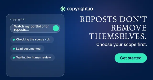 Social ad for copyright.io: "Reposts don't remove themselves." Y2K style, right layout, dark palette in blue.
