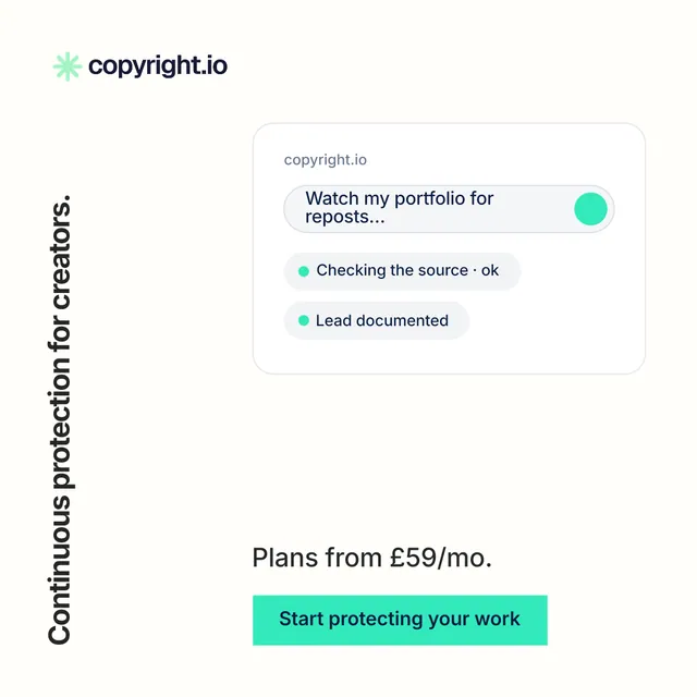 Instagram post for copyright.io: "Continuous protection for creators." Swiss style, vertical layout, light palette in white, teal.