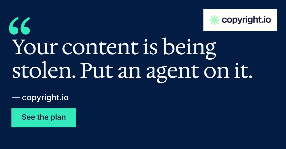 Social ad for copyright.io: "Evidence, documented." Split block style, quote layout, dark palette in blue.