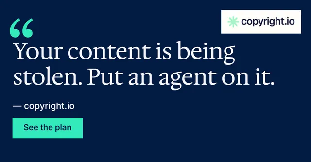 Social ad for copyright.io: "Evidence, documented." Split block style, quote layout, dark palette in blue.