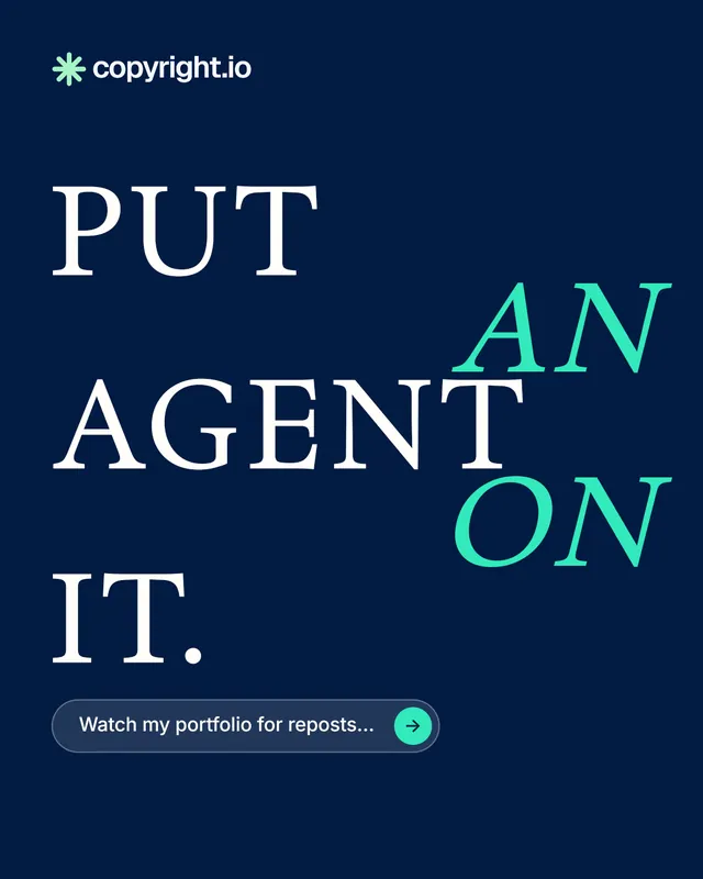 Instagram portrait post for copyright.io: "Put an agent on it." Agentic glass style, stacked layout, dark palette in blue.