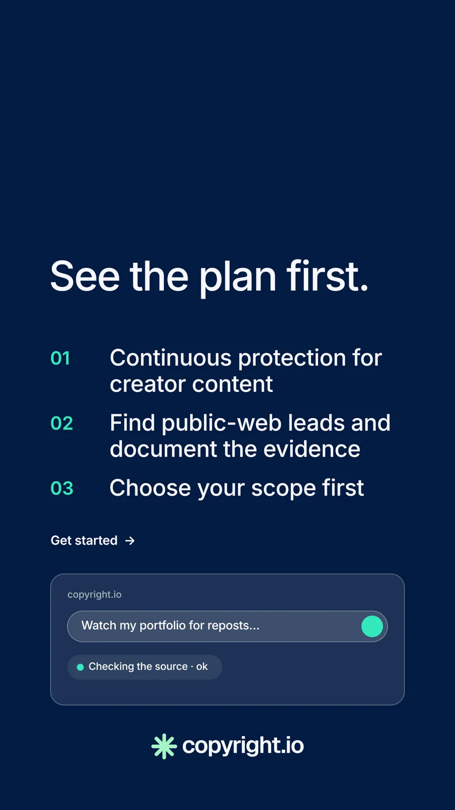 Instagram story for copyright.io: "See the plan first." Minimal luxury style, numbered layout, dark palette in blue.