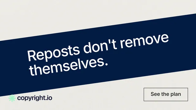 Landscape graphic for copyright.io: "Reposts don't remove themselves." Editorial style, diagonal layout, light palette in white, blue.