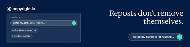 LinkedIn banner for copyright.io: "Reposts don't remove themselves." Agentic glass style, right layout, dark palette in blue.