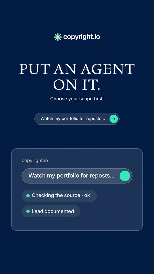 Instagram story for copyright.io: "Put an agent on it." Agentic glass style, centred layout, dark palette in blue.