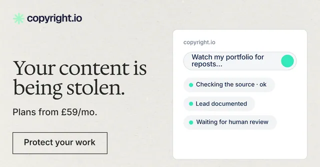 Social ad for copyright.io: "Your content is being stolen." Editorial style, bottom layout, light palette in white, grey.