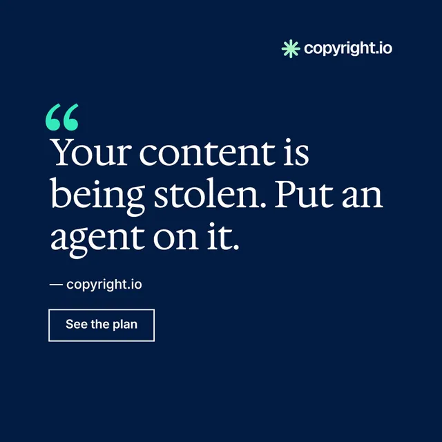 Instagram post for copyright.io: "Evidence, documented." Editorial style, quote layout, dark palette in blue.